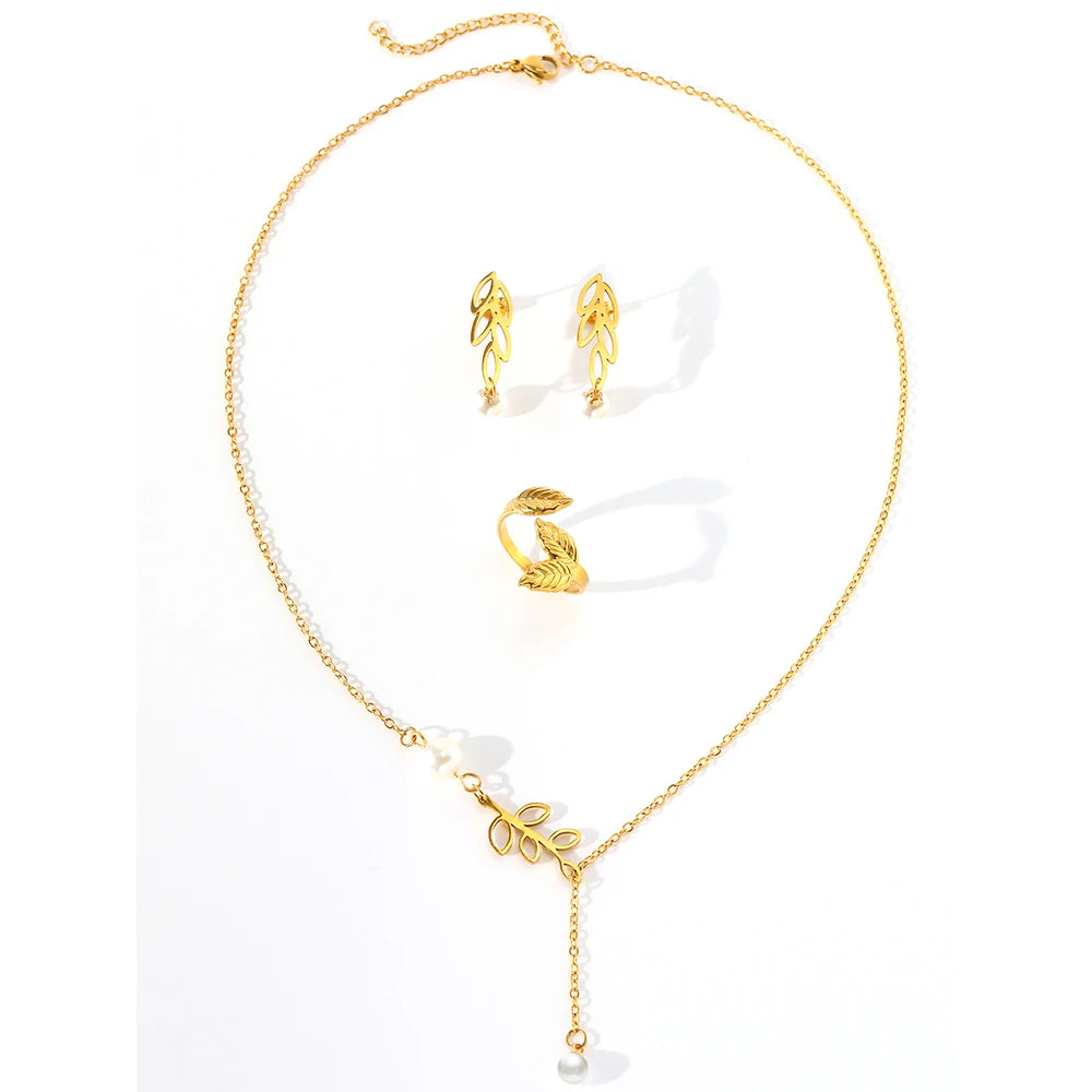 Stainless steel jewelry set with leaf pearl earrings, pearl necklace, and adjustable leaf ring for women, showcasing a new style.