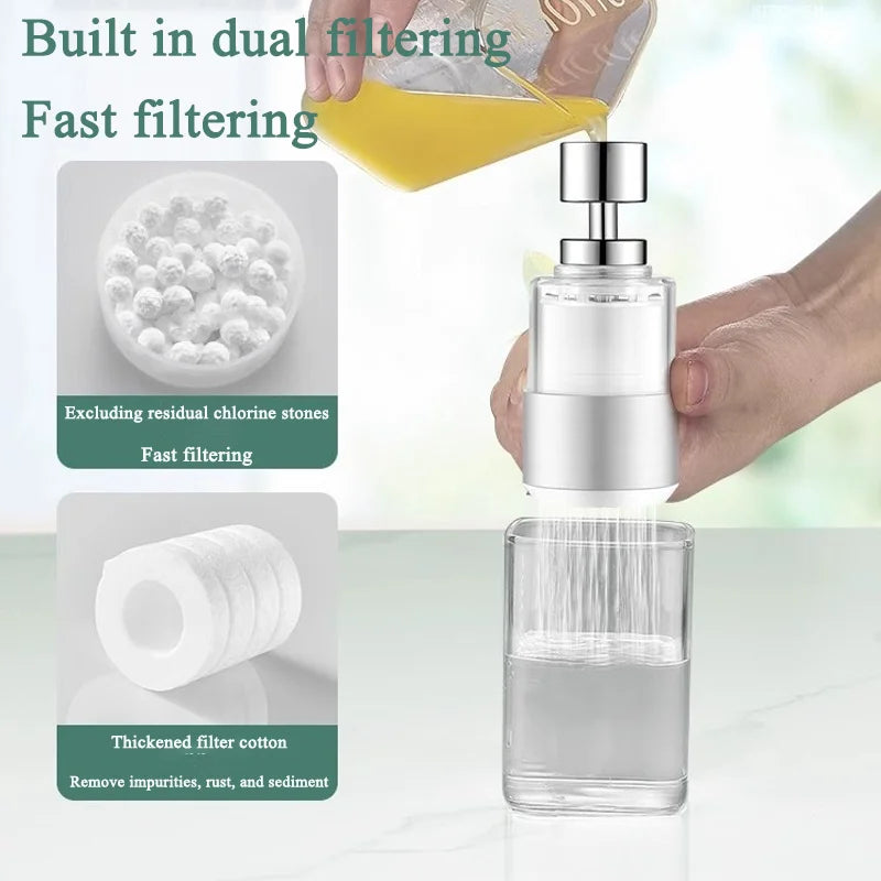 Showlu Universal Rotary Faucet Filter in brass and ABS, featuring 2 gear water purification system attached to a standard faucet