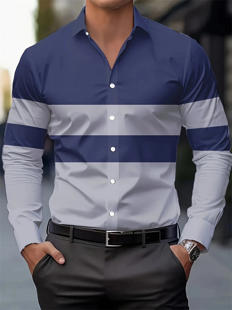 Multicolor striped men's long-sleeved casual shirt with buttons and lapel, made of polyester, suitable for autumn wear.