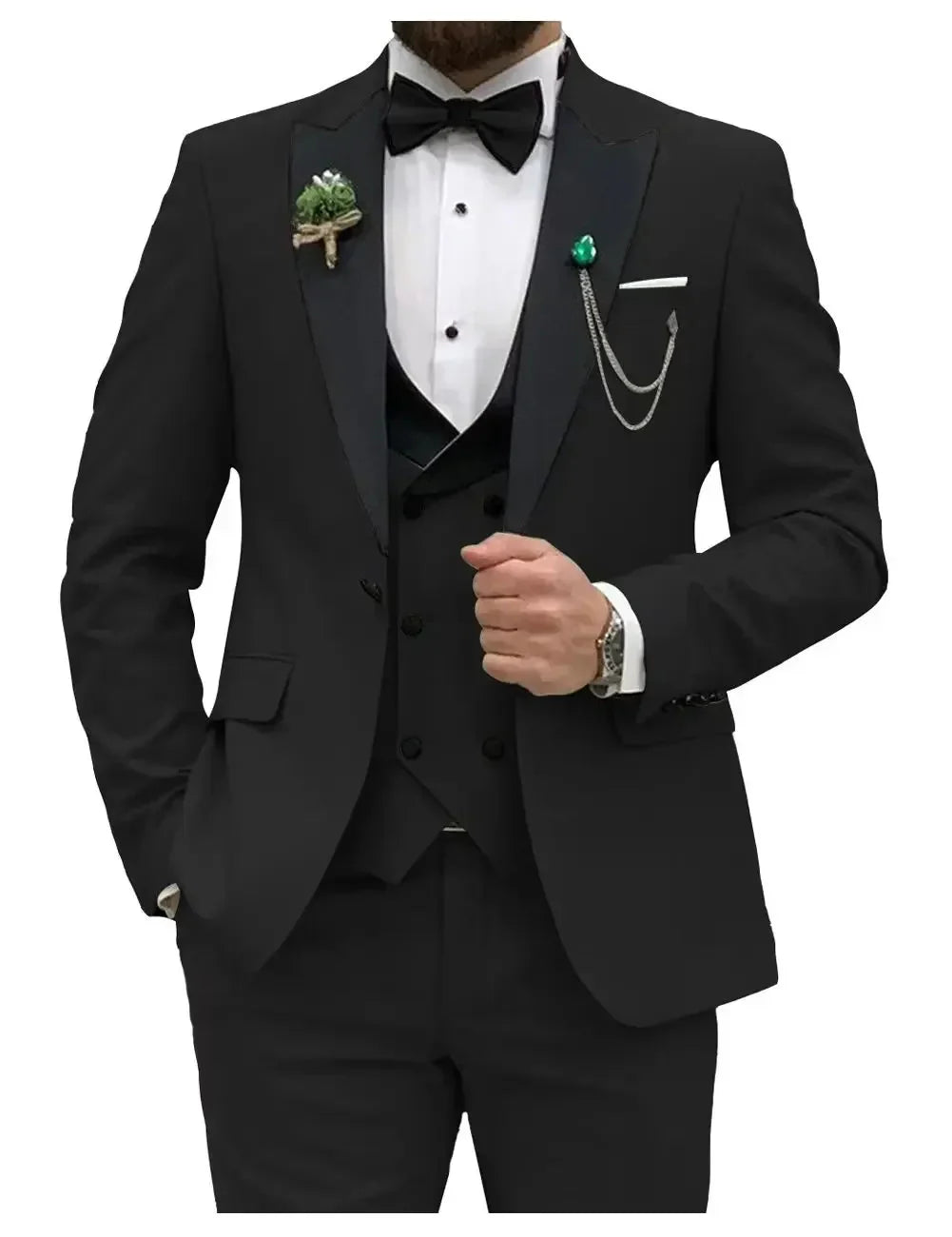 Showlu men's slim fit 3-piece suit with peak lapel, formal business tuxedo, featuring tailored jacket, vest, and matching trousers.