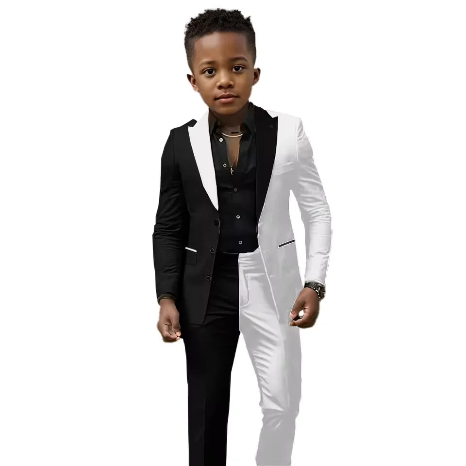 Black and white boys wedding suit 2-piece set with slim fit jacket and pants, custom tuxedo for ages 2T-16T, perfect for special occasions.
