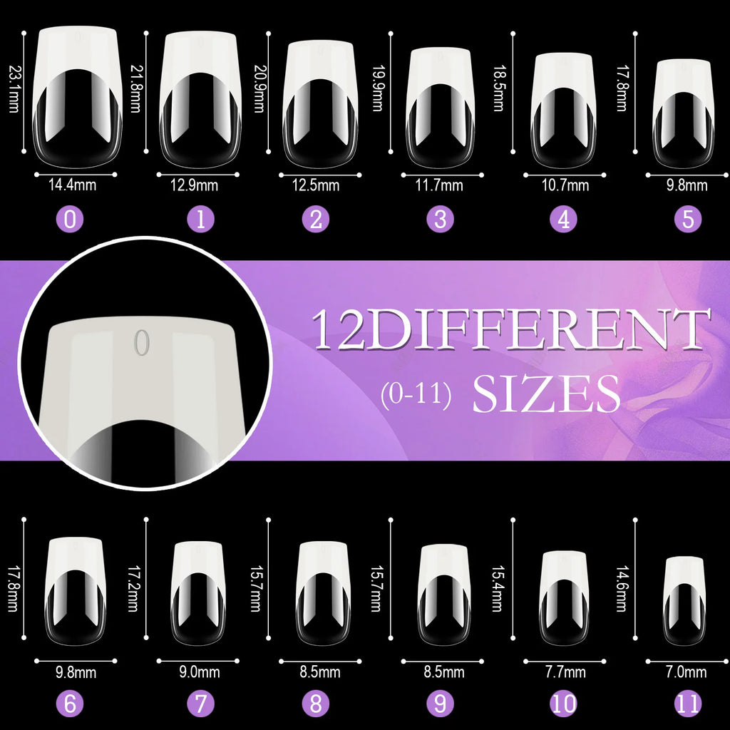 Set of 120 acrylic French false nails by Showlu Fashion Store, medium length square full cover nail tips with mixed sizes.