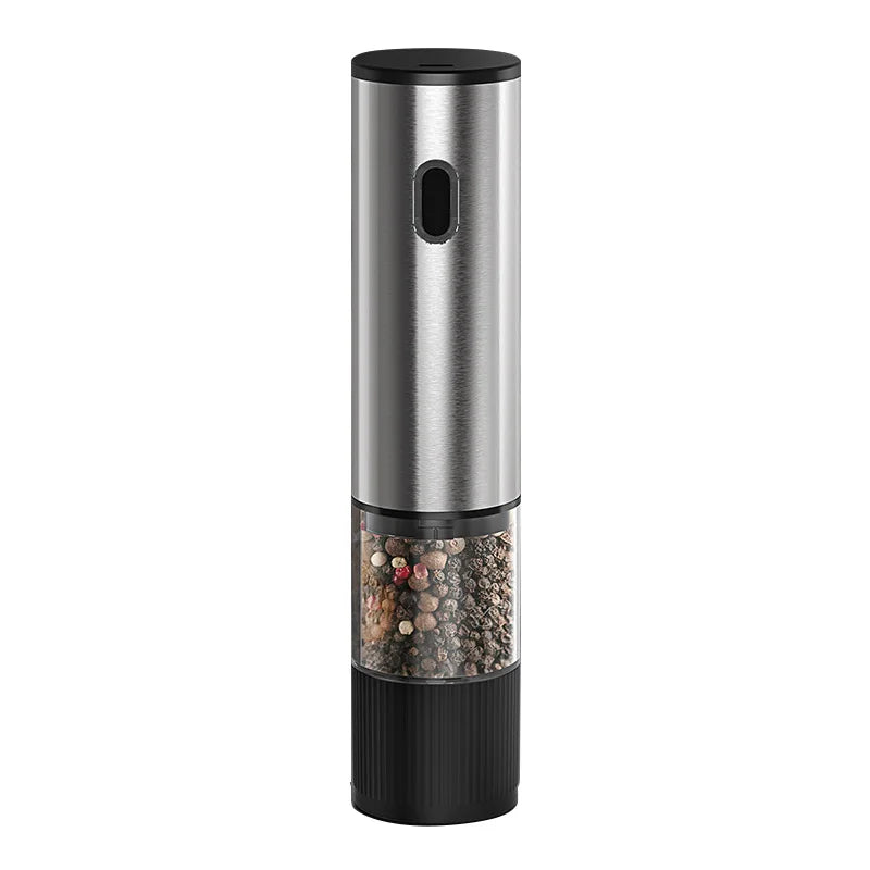 Showlu Smart General electric salt and pepper grinder set with sleek black and stainless steel design, featuring adjustable grind settings.
