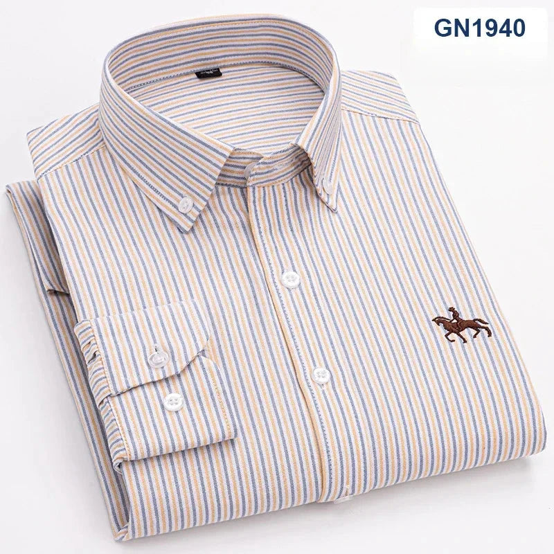 Men's slim fit casual shirt in white cotton, long-sleeve design, size 6XL, by SHOWLU FASHION STORE, displayed on a hanger.
