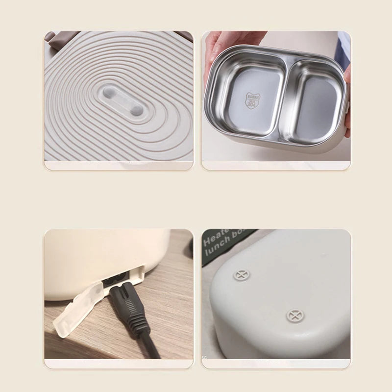 Stainless steel electric lunch box with 220V/110V heating, 1L capacity, EU/US plug, for school and office use