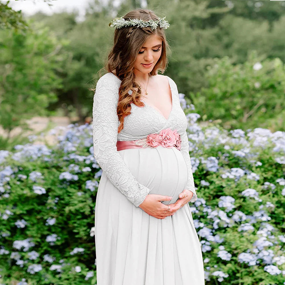 SHOWLU V-neck lace maternity gown featuring elegant chiffon fabric and a flowing maxi dress design for maternity photography.