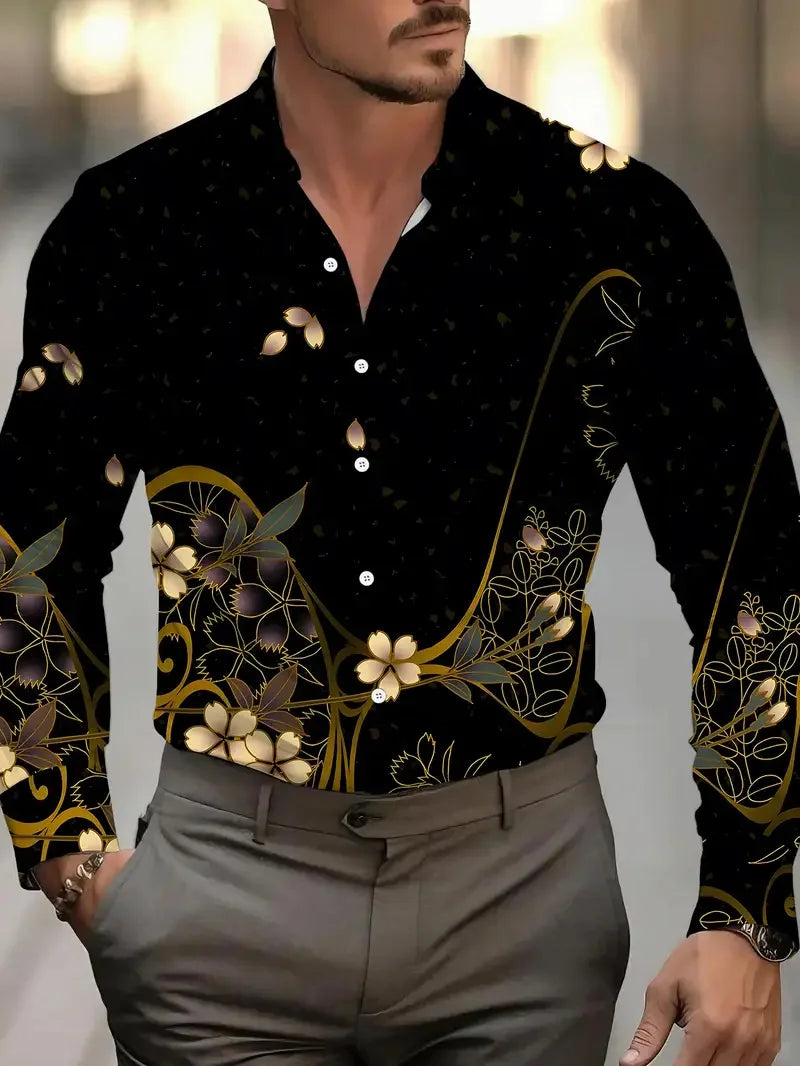 Men's leopard print button shirt with baroque chain design and long sleeves, casual party wear from Showlu Fashion.