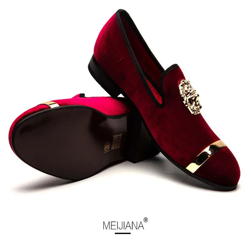 HKGS men's velvet loafers with gold tiger metal detail, stylish party dress shoes from Showlu Fashion Store.