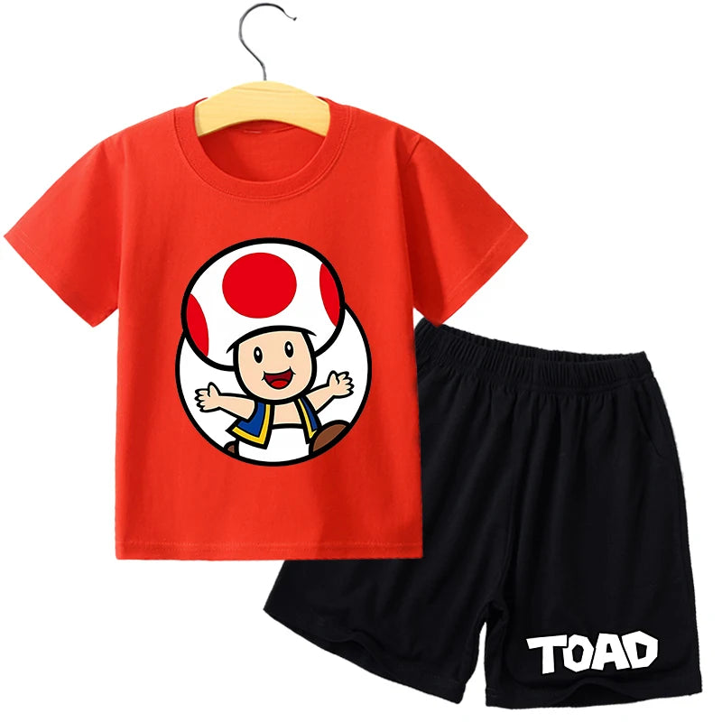 Super Marios Bros Kids Cotton T-shirt Casual Shorts Set Children Short Sleeve Top Anime Print Pants Summer Cartoon Cute Clothing