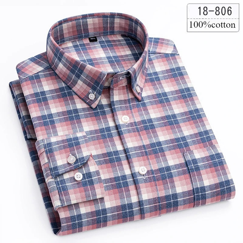 Luxury High-Quality 100% Cotton Houndstooth Full Shirts for Men Slim Fit Casual Shirt Long-Sleeve Plaid Soft Designer Clothes Ro