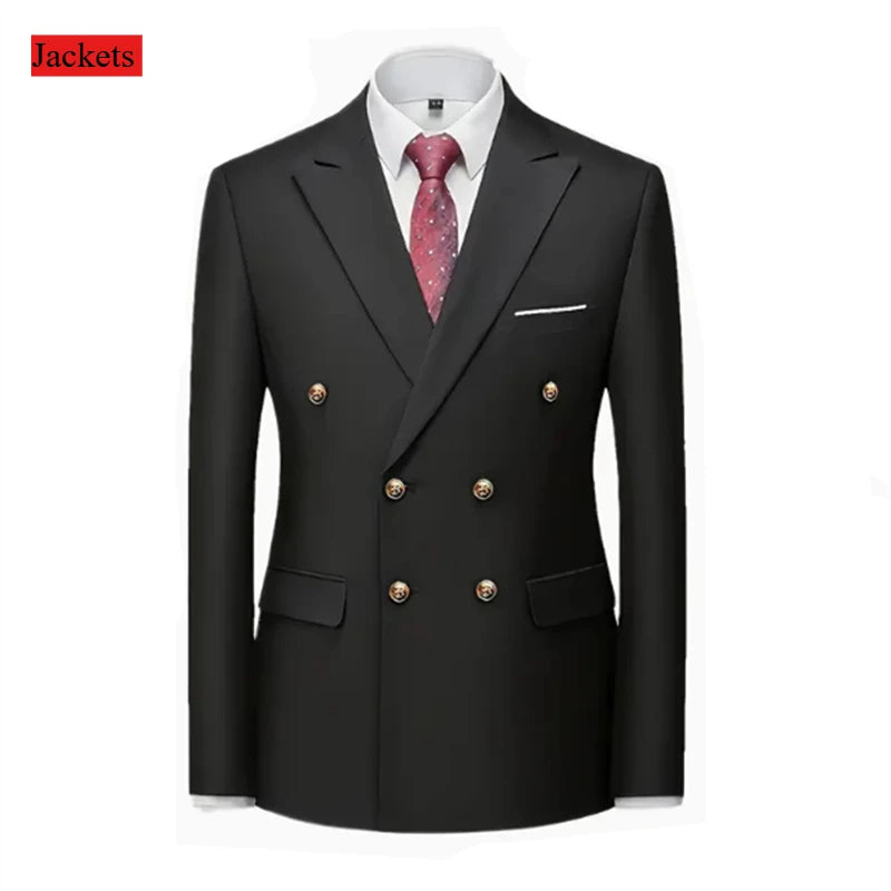 Men's black double-breasted slim fit suit with gold buttons, high-quality wedding and party costume, shown from front view.