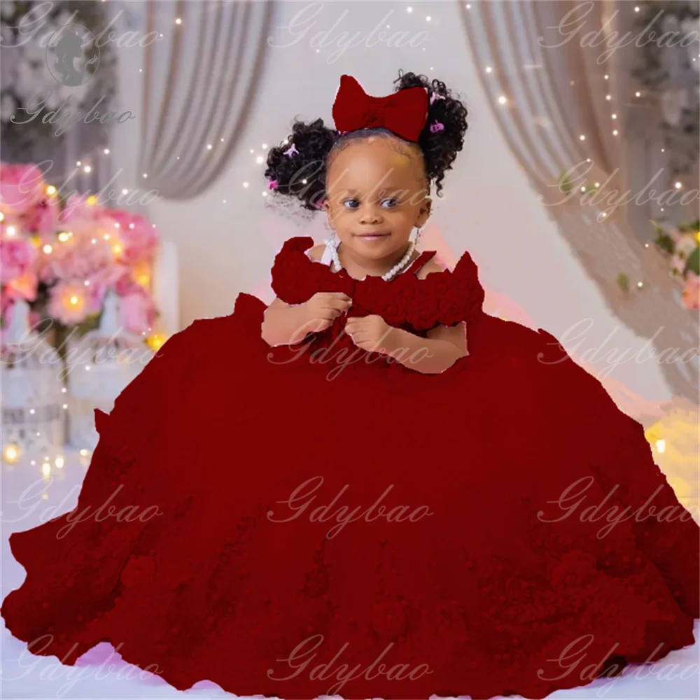 Pink Flower Girl Dresses Luxury Big Pearls Lace Ball Gown First Communion Dress Birthday Photos Shoot Gowns for Party
