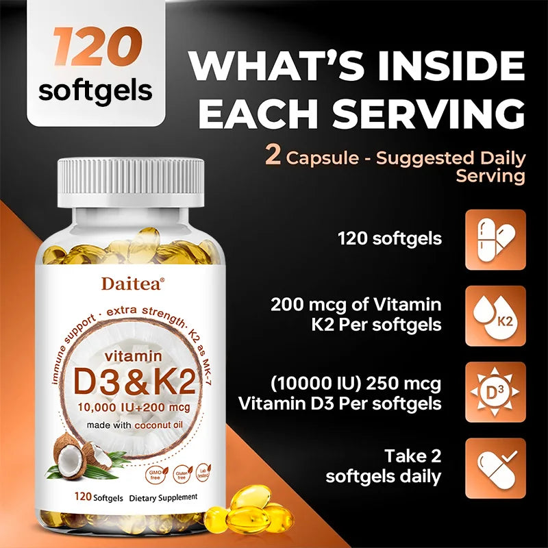 2-in-1 Vitamin D3 K2 Supplement Softgel, 10000 IU VIT D3 + 200 MCG Vitamin K2, Support Calcium Absorption in Bones