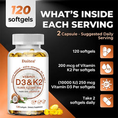 2-in-1 Vitamin D3 K2 Supplement Softgel, 10000 IU VIT D3 + 200 MCG Vitamin K2, Support Calcium Absorption in Bones