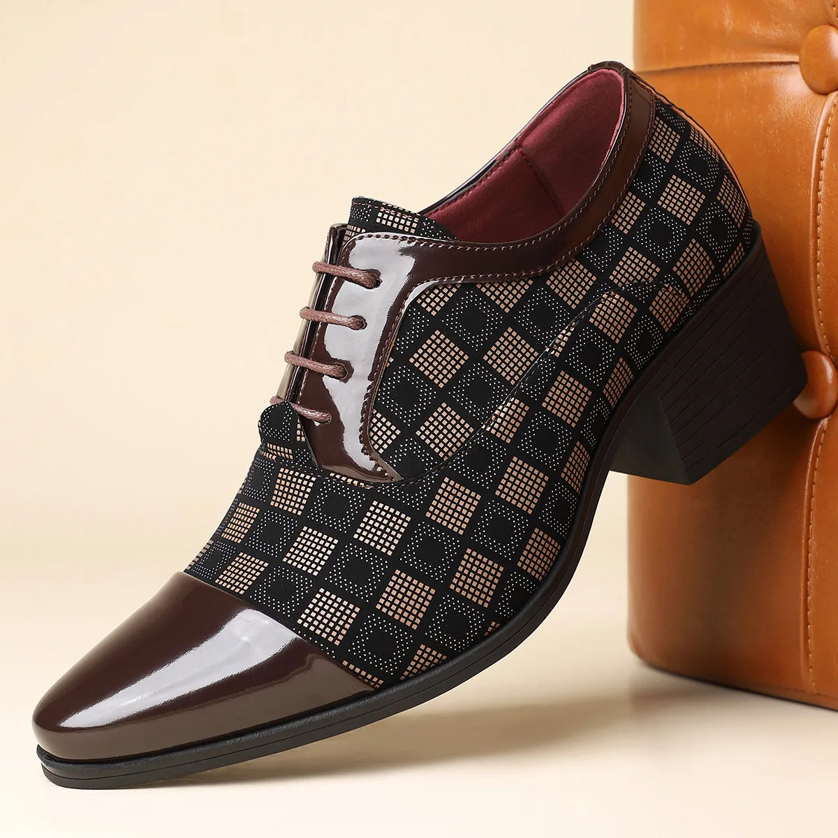 Men's British style checked leather dress shoes by Showlu Fashion Store, featuring a classic casual business design.