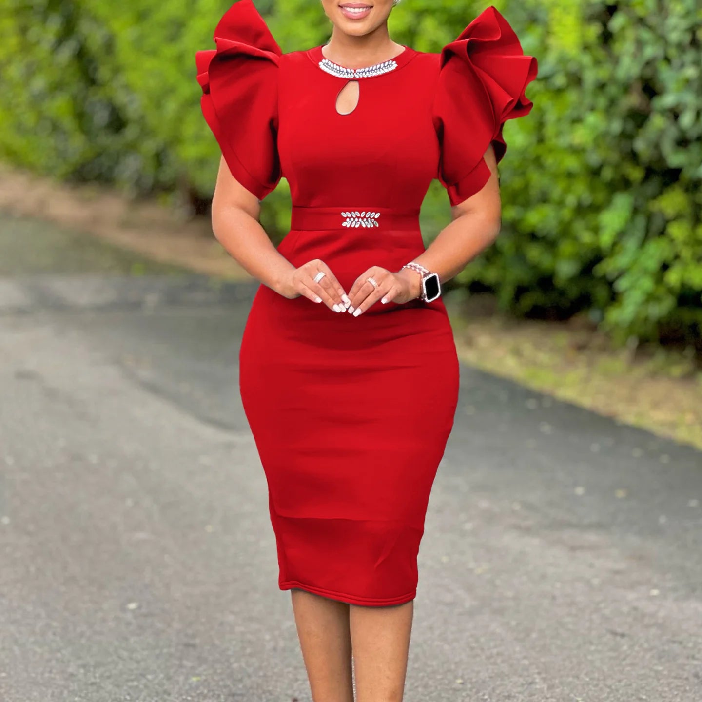 Summer Round-Neck Diamond Embellished Body-Con Dress Lotus Leaf Sleeve Cutout Evening Gown for Party And Banquet