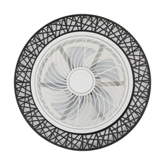 A round ceiling fan light featuring a white central fan and a decorative black lattice outer ring.
