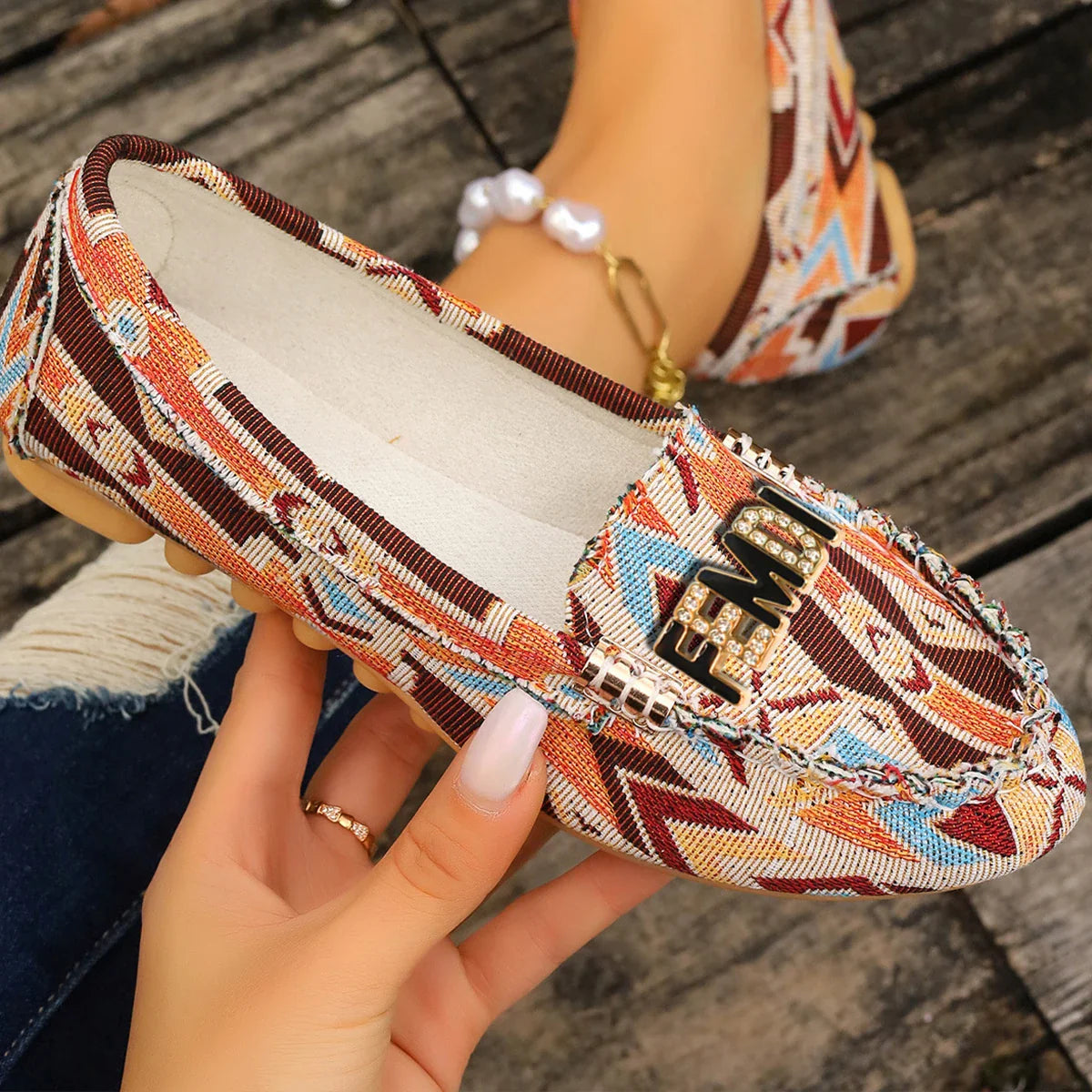 Women's floral fabric loafers by SHOWLU FASHION STORE, elegant slip-on flat shoes with colorful floral pattern.