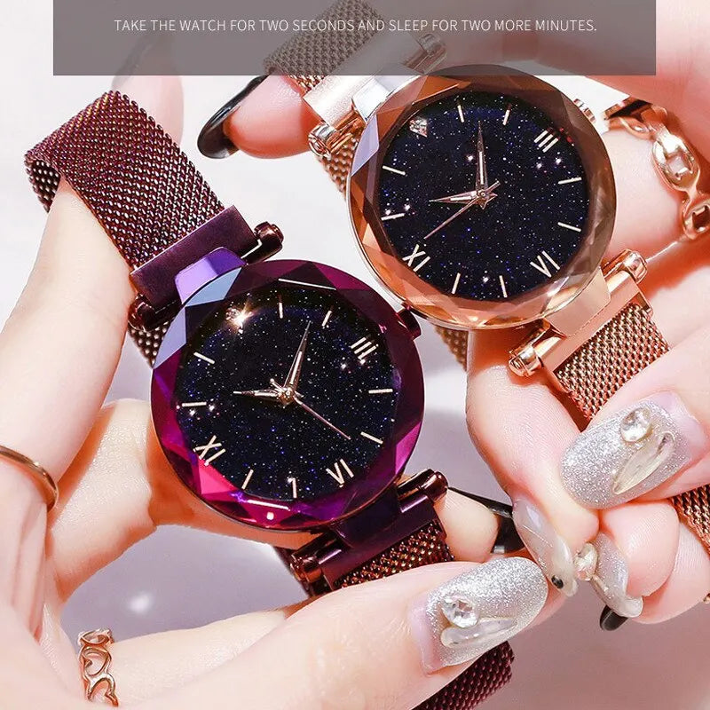 Women's fashion starry sky quartz watch with diamond accents, mesh strap, magnet buckle, elegant dress watch by Showlu Fashion Store