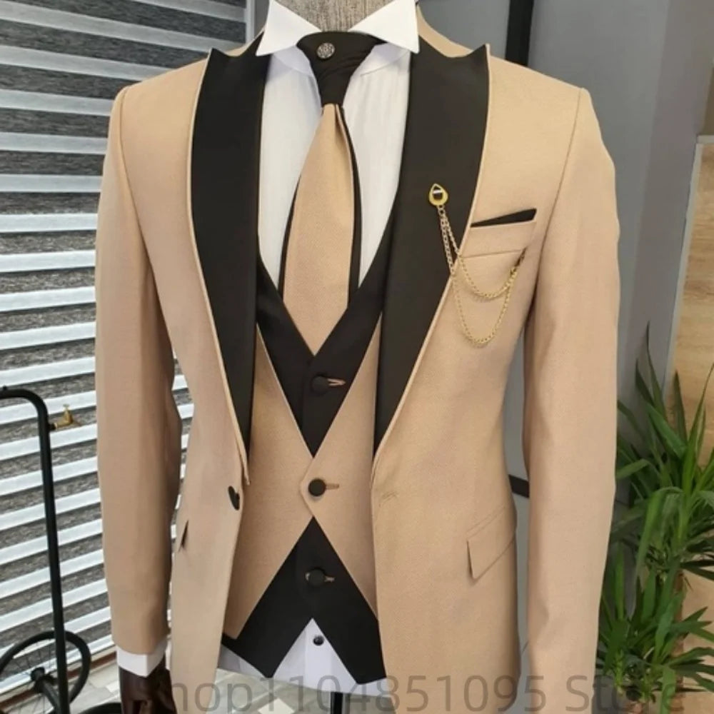 Men's solid slim fit 3-piece business suit set with blazer, vest, and pants, perfect for weddings and formal events.