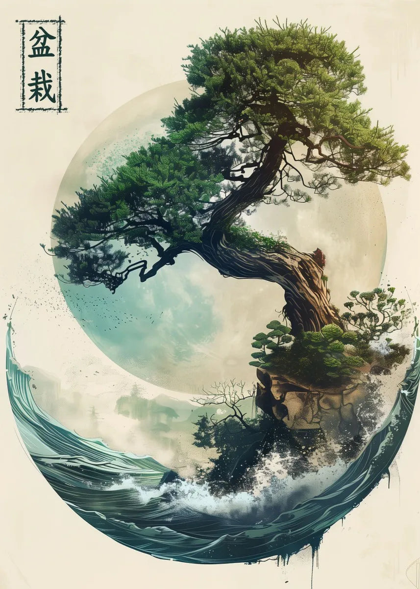 Japanese landscape with samurai, geisha, bonsai, and torii gate artwork on canvas, perfect for home decor and wall art.