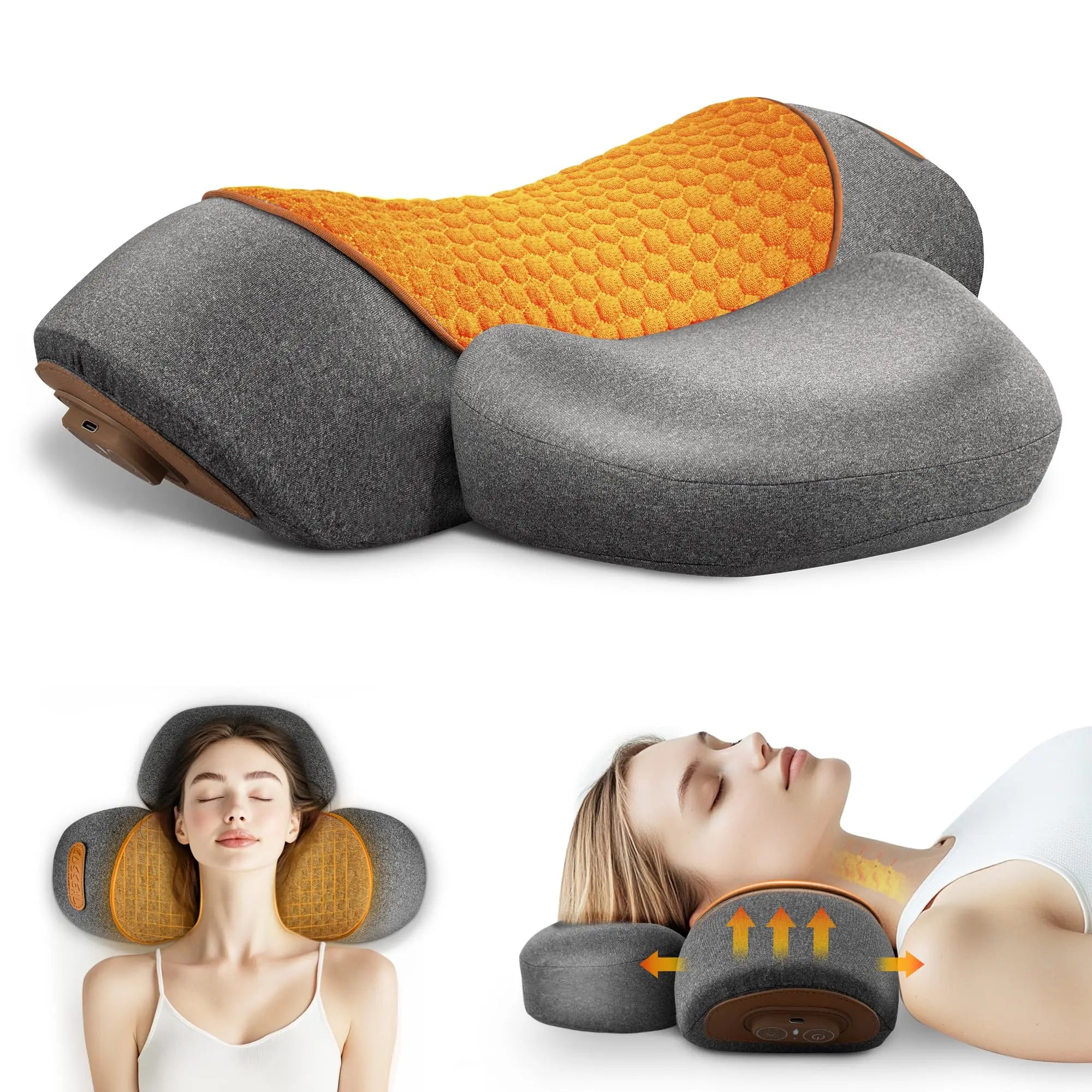 Electric neck massager with memory foam pillow, heating and vibration features, providing soothing relief for neck pain.