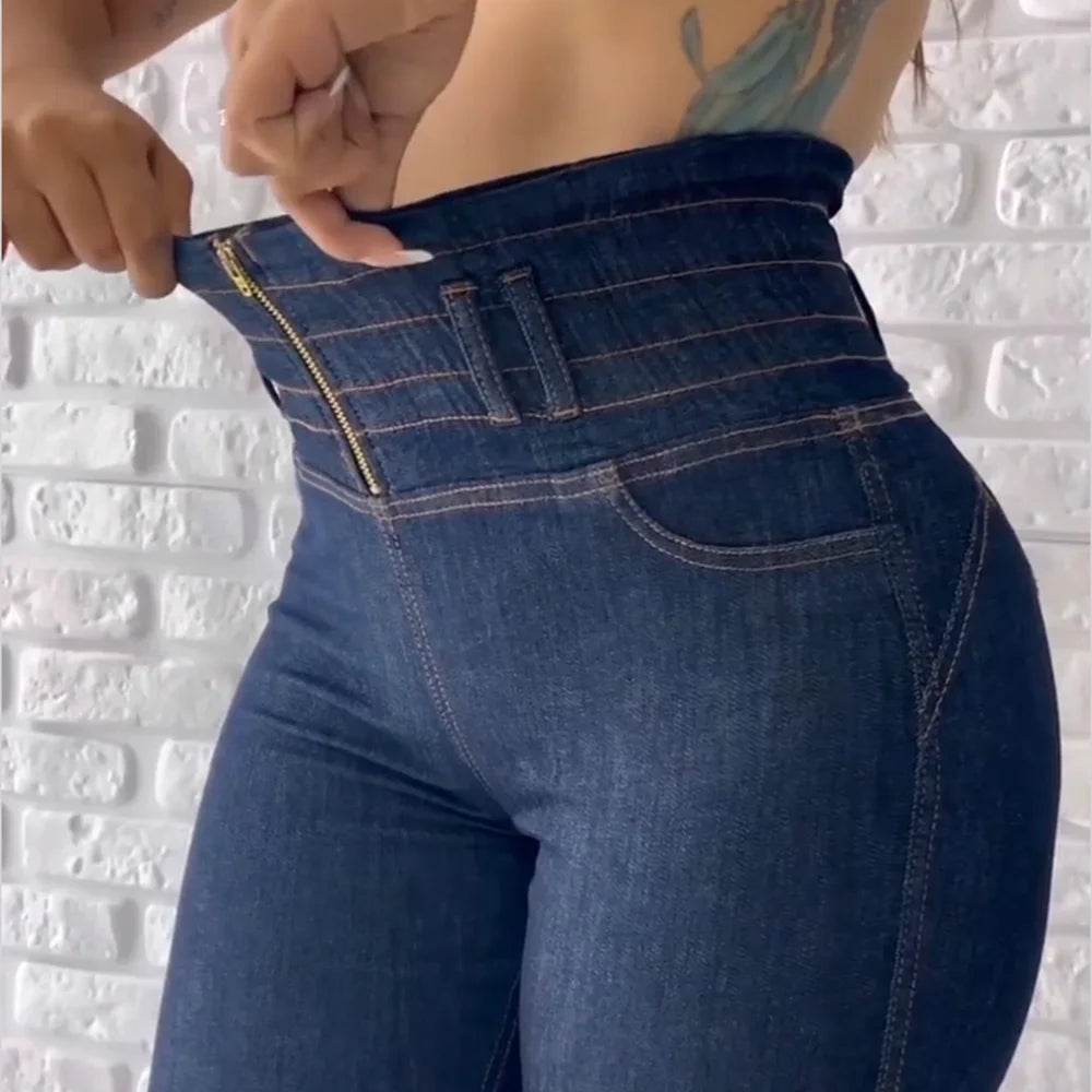 Women Fold Design Demin Pants Girls Streetwear Sexy Pencil Jeans High Waist Trousers 2023 European Fashion Skinny Pants Zipper