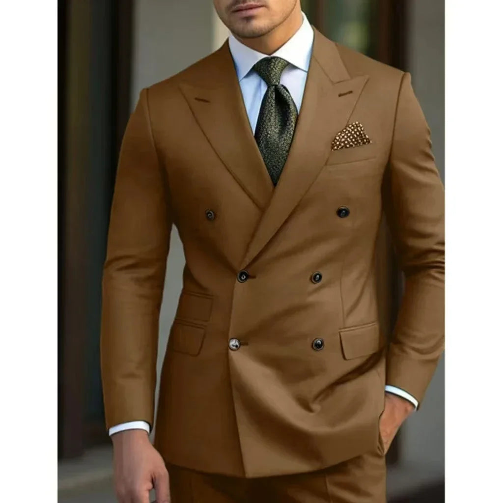 Slim men's 2-piece suit set with pointed collar and peak lapel, perfect for summer weddings and beach events, by Showlu Fashion.