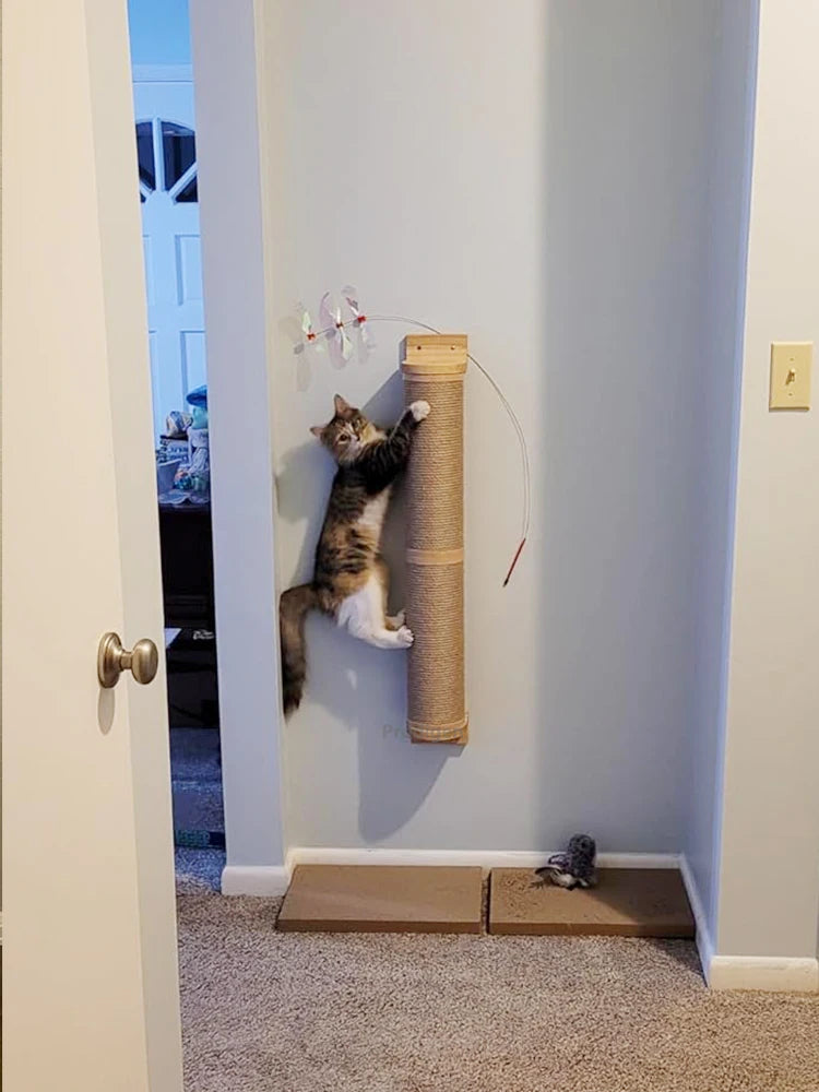 Showlu Wood Wall Mounted Cat Scratching Post with thicker kitten tree, natural wood finish, and multiple scratching surfaces for cats.