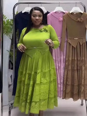 Miyake Miyake Plus Size Pleated Women's Dress Lace Corsage Slim Fit