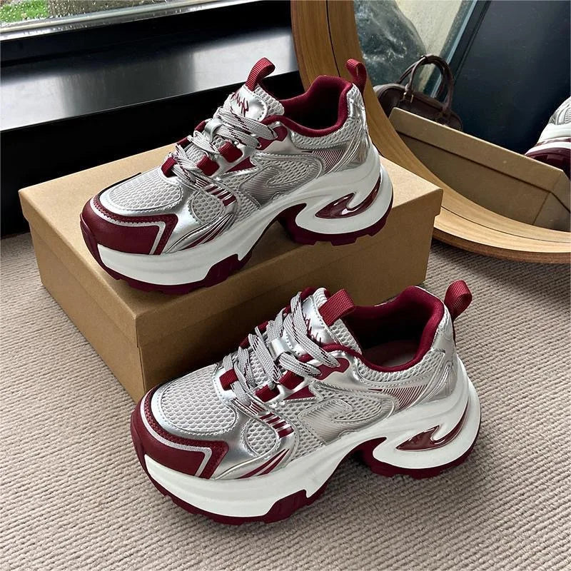 Showlu Fashion Women's chunky sneakers with breathable mesh, non-slip outsole, lightweight casual sports shoes for outdoor wear.