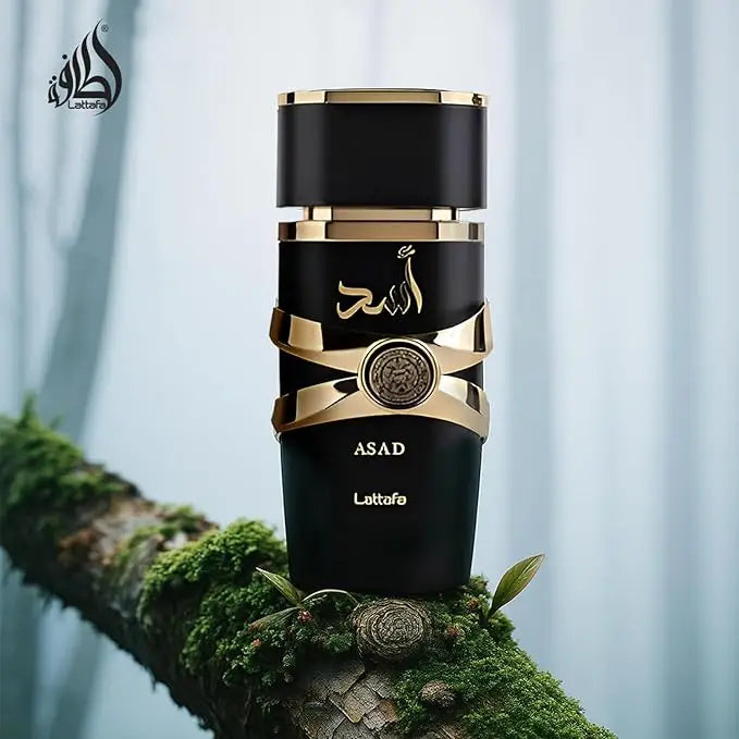 Lattafa Asad pheromone perfume for men and women in a 100ml bottle, featuring an Arabian fragrance with elegant packaging.