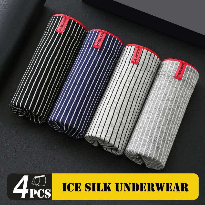 Showlu Men's Ice Silk Boxer Shorts 4-pack, breathable underwear in size L-6XL, featuring smooth, lightweight fabric for comfort.