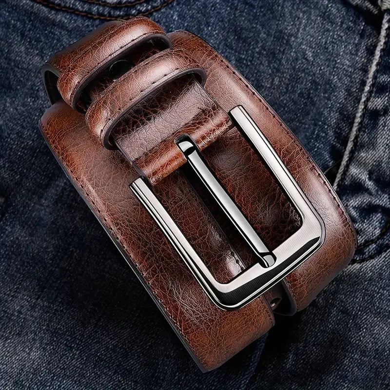 Showlu men's genuine cowskin leather belt with casual business buckle, stylish waistband for casual and formal wear.