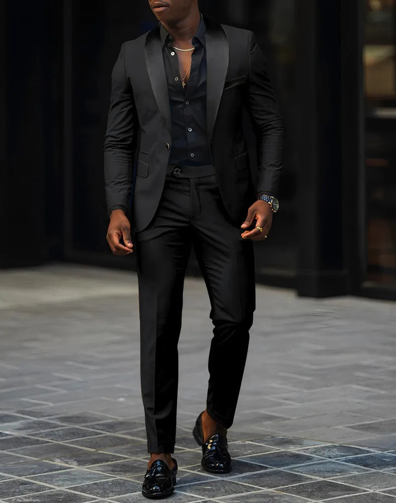 Men's slim fit wedding and business suit by Showlu Fashion Store, featuring a single-button jacket and matching pants set.