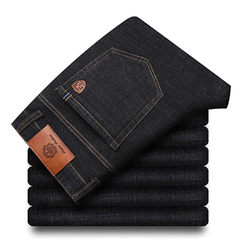Men's 2024 fashion stretchy loose straight denim jeans by Showlu, casual slim fit elastic denim trousers in large sizes 38-40.