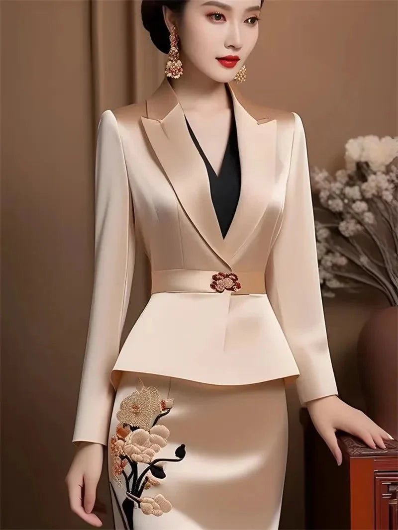 SHOWLU FASHION women's satin two-piece set with embroidered coat and midi skirt, stylish and elegant fashion ensemble.