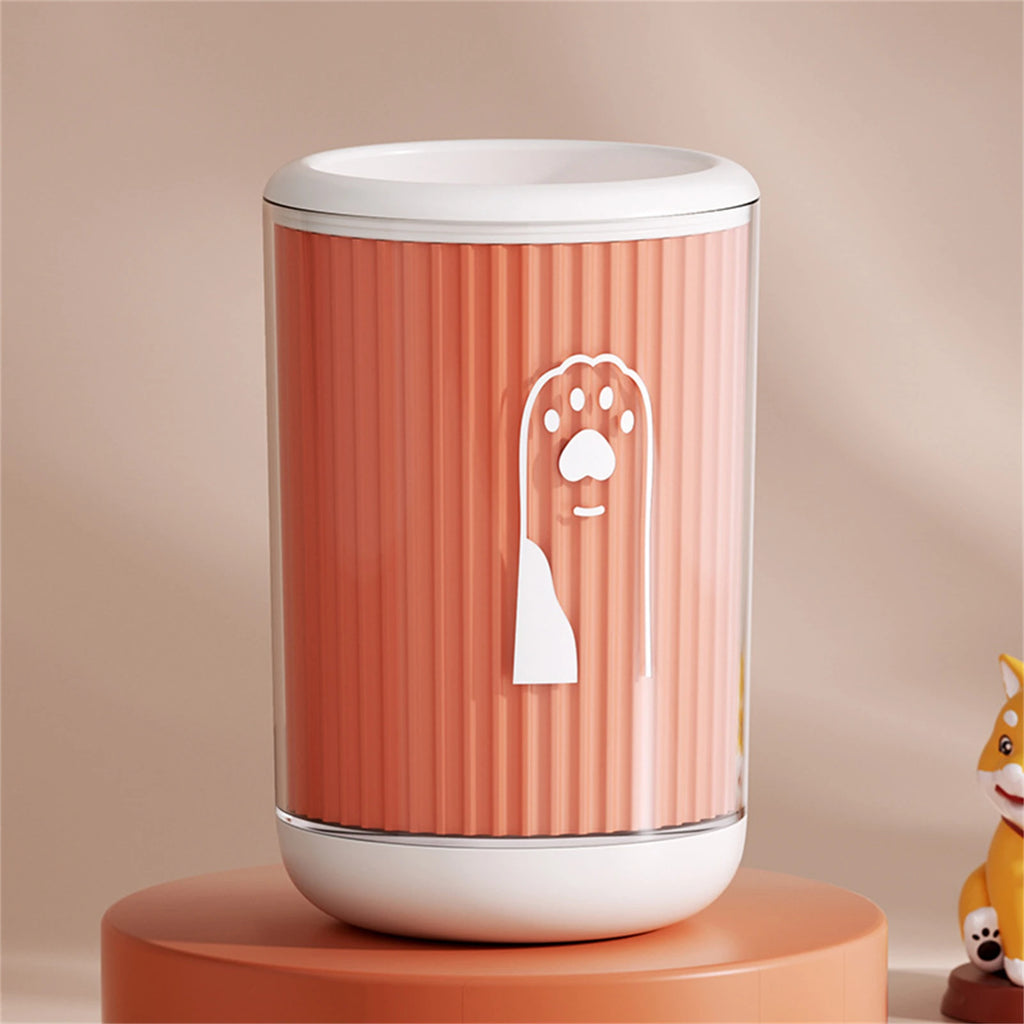 Showlu Smart General Pet Paw Cleaner Cup with water-filled chamber for easy paw cleaning, shown in use with a dog's paw.
