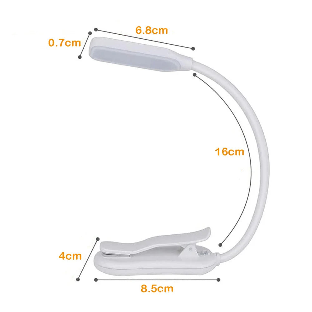 Showlu Smart General Claeted rechargeable clip reading light with flexible arm and LED illumination on a dark background.