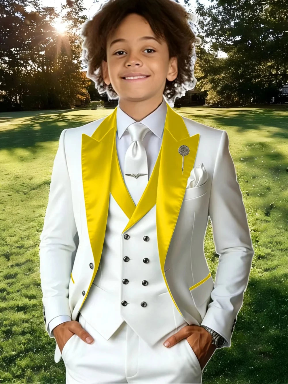 Kids' suit set by Showlu Smart General, three-piece stage performance wear with classic peak lapel for boys' school activities.