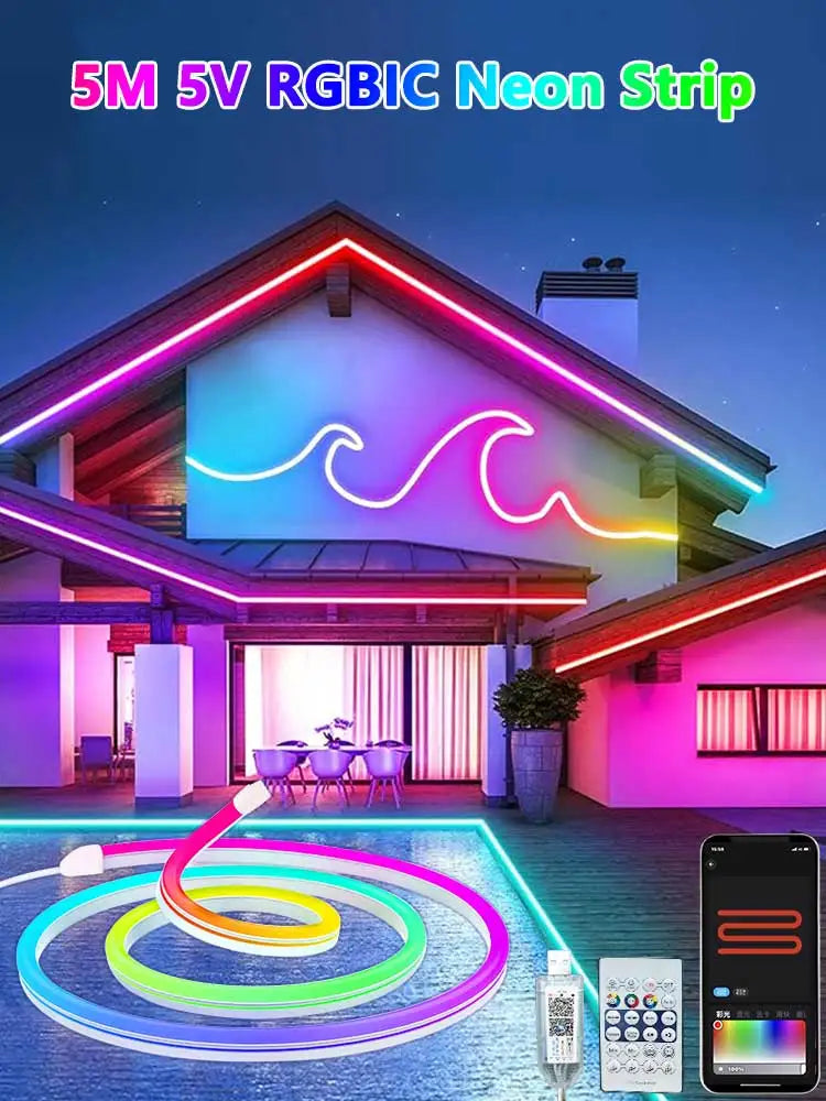 Showlu Smart RGBIC Neon LED strip light with Bluetooth app control, 5V, colorful lighting, flexible design, and vibrant illumination.