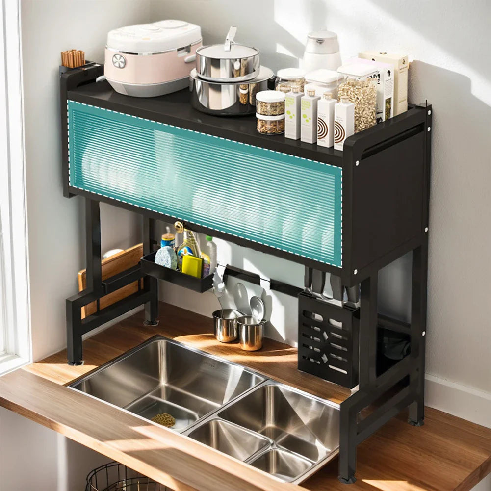 Showlu 3-tier steel over-the-sink dish drying rack with cover and holder, designed for kitchen countertop organization.