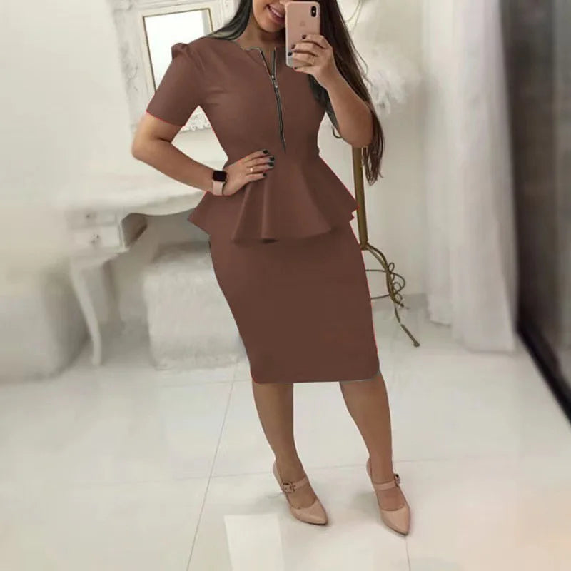 Women's V-neck slim top and knee-length skirt two-piece set by SHOWLU FASHION STORE, featuring a stylish, coordinated outfit.