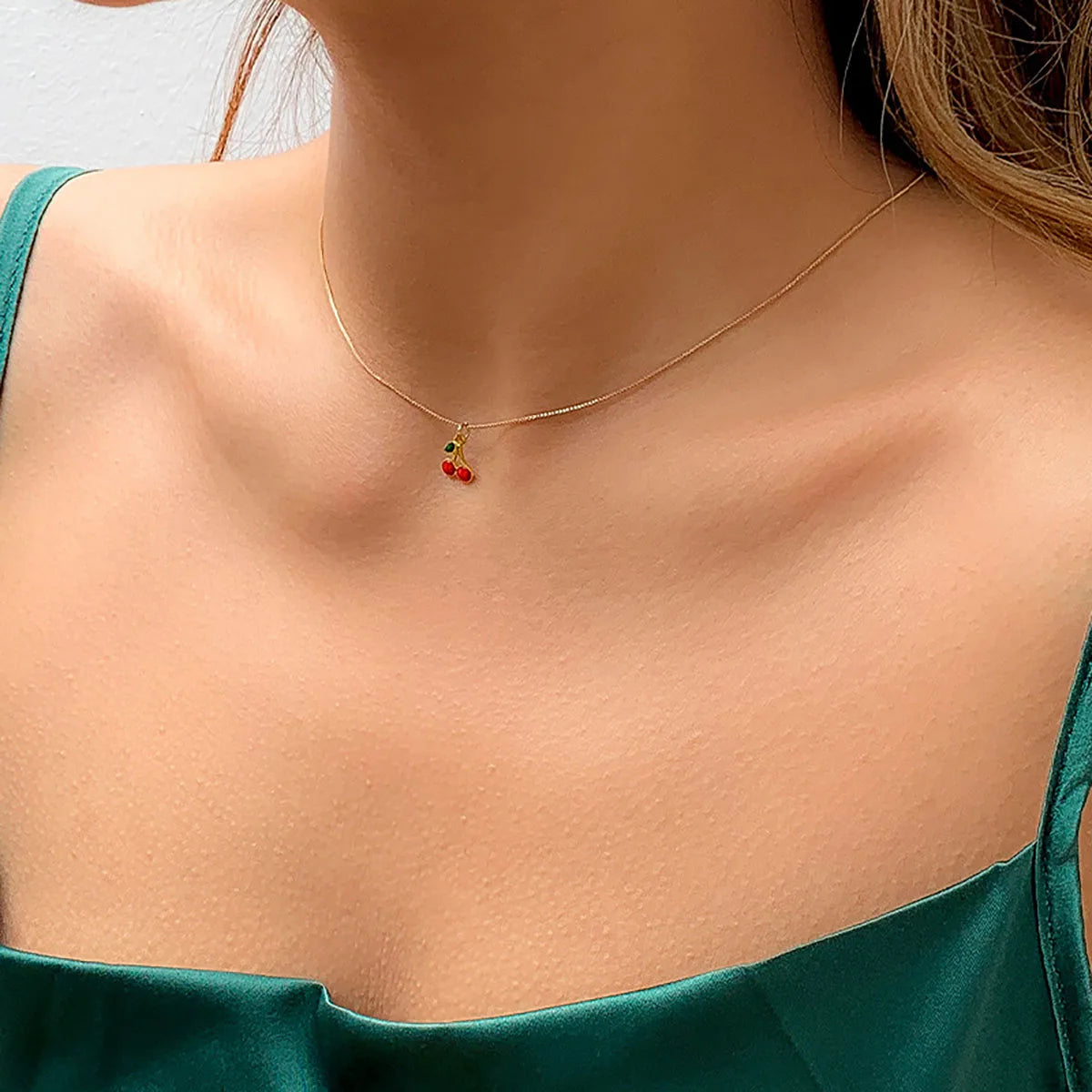 Gold boho clavicle necklace with a cherry pendant, romantic jewelry for women, perfect gift, stylish fashion accessory