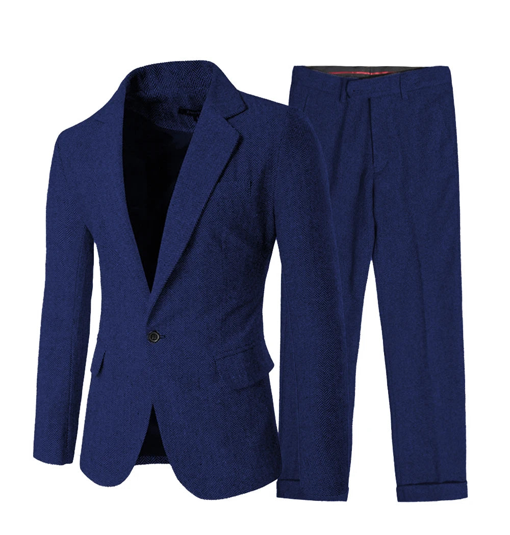 Elegant Men's Suit Set 2 Pieces Classic Fit One Button Daily Business Suits Herringbone Wool Wedding Groomsmen(Blazer+Pants)