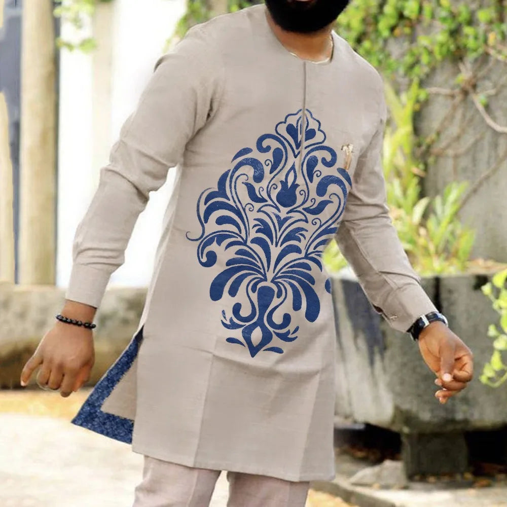 Ayrbao men's African ethnic long sleeve patchwork 2-piece set, stylish traditional outfit with intricate designs and vibrant colors.