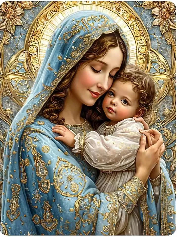 Beadslove Virgin Mary and Jesus 5D diamond painting kit with full drill, colorful religious artwork and sparkling diamond details.
