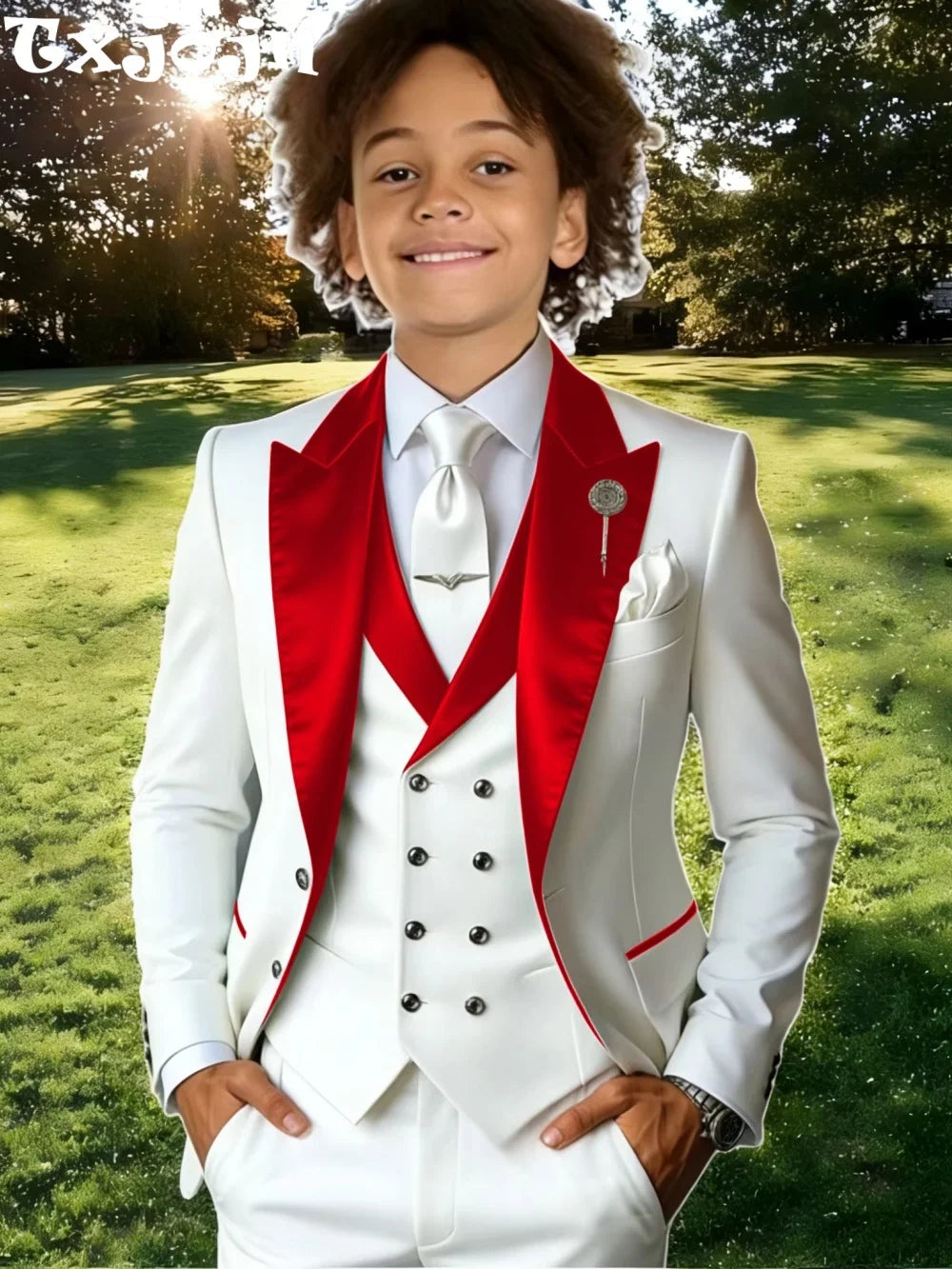 Kids suit set by Showlu Smart General featuring a three-piece stage performance outfit with a classic peak lapel for school activities.