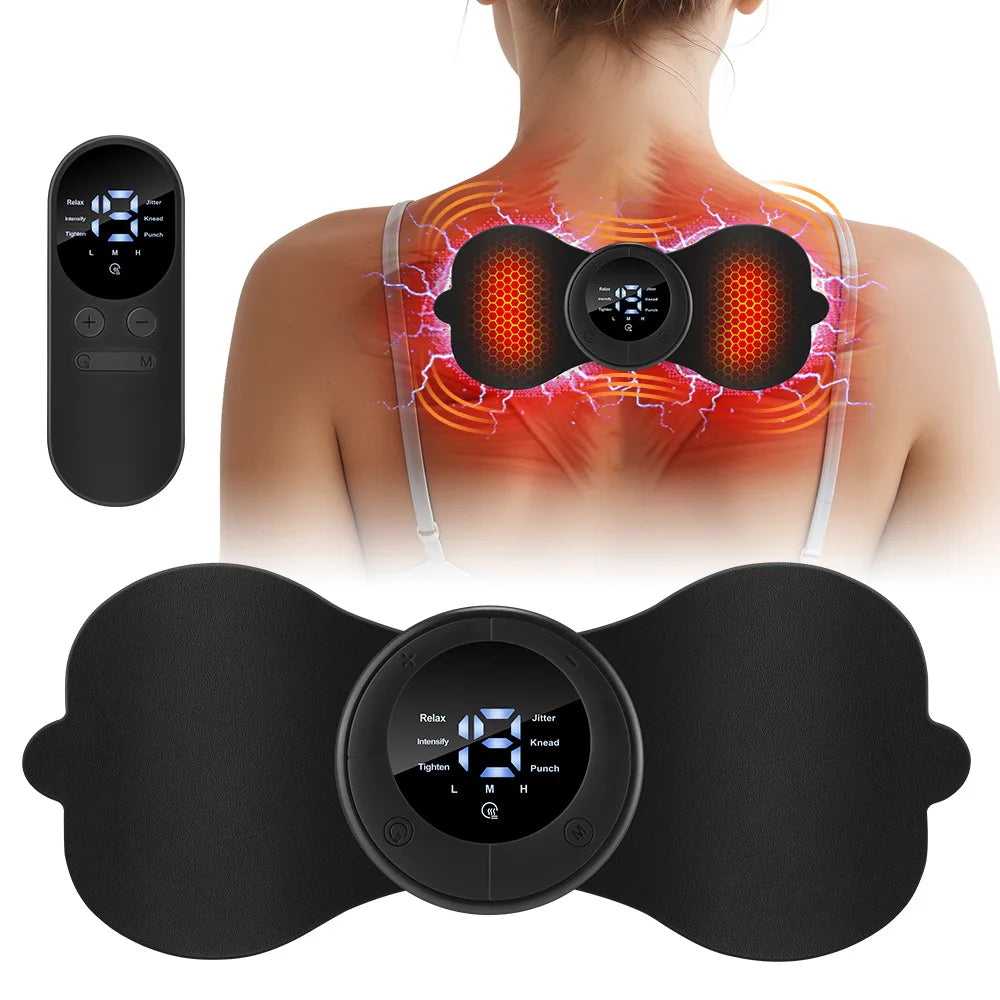 Showlu Fashion Store LZJV Electric EMS muscle stimulator USB rechargeable body massager, showing device with control panel and electrodes.