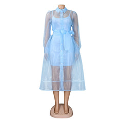 Women Two Pieces Set Transparent Organza Shirt Dresses with Slip Dress Button Up Waist Belt Turn Down Collar Sheer Sexy Female
